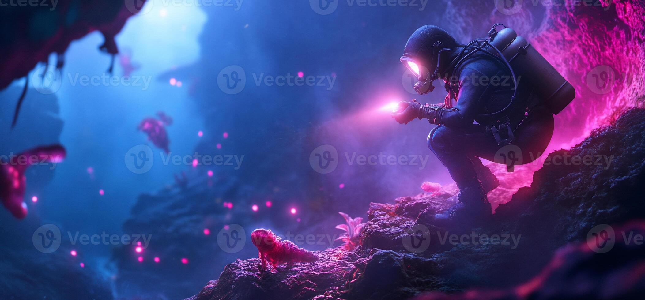 A man in a diving suit is standing in front of a cave photo