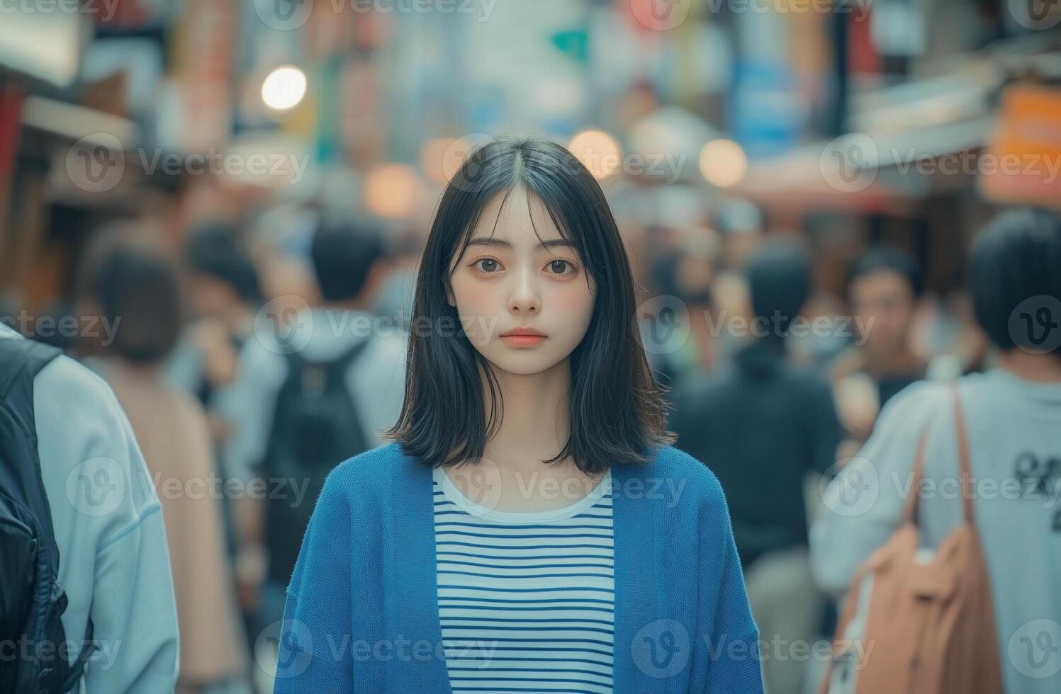 A woman in a blue sweater standing in a crowded street photo