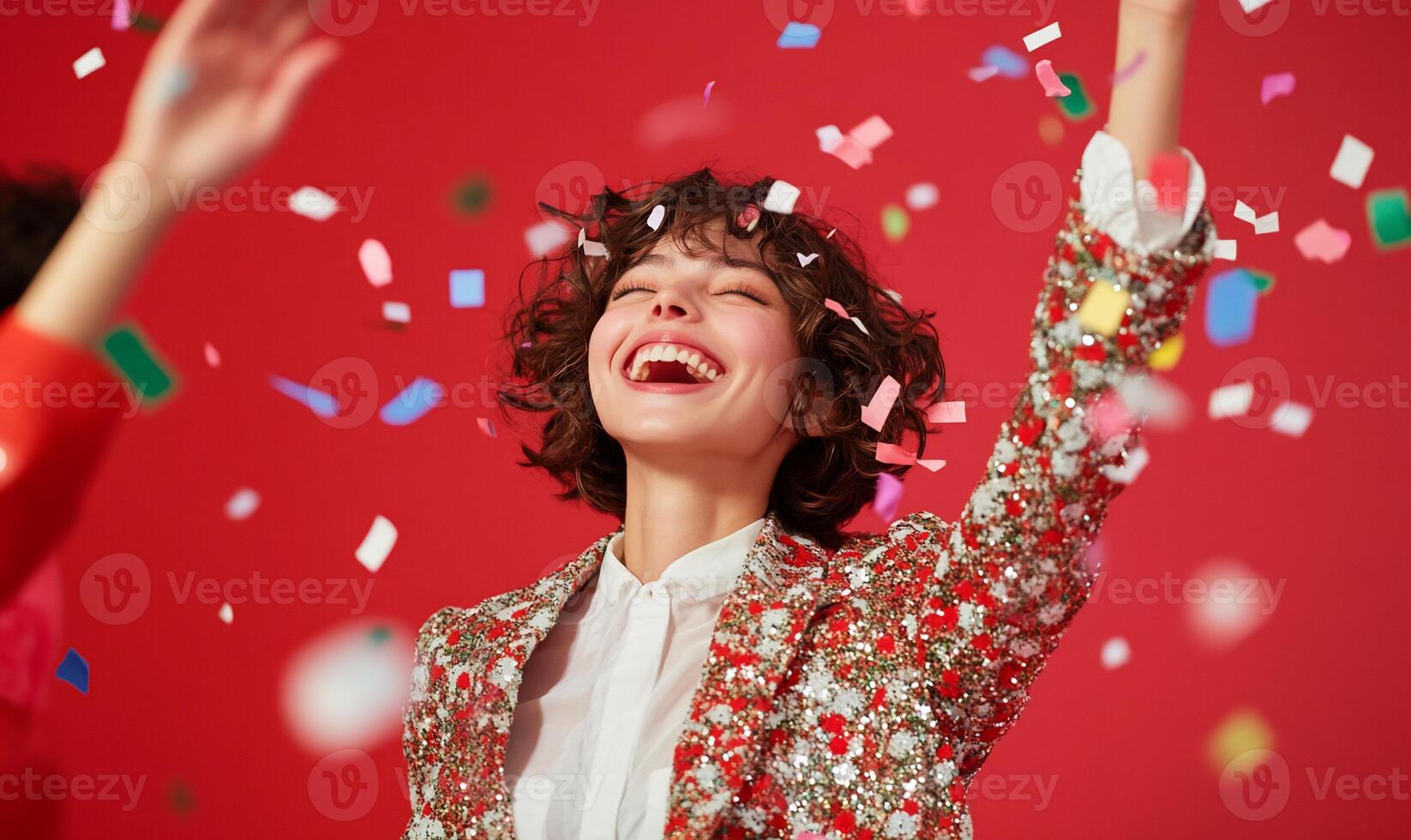 Happy woman celebrating with confetti on red background photo