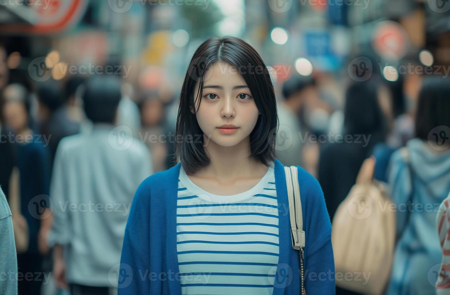 A woman in a striped shirt standing in a crowded street photo