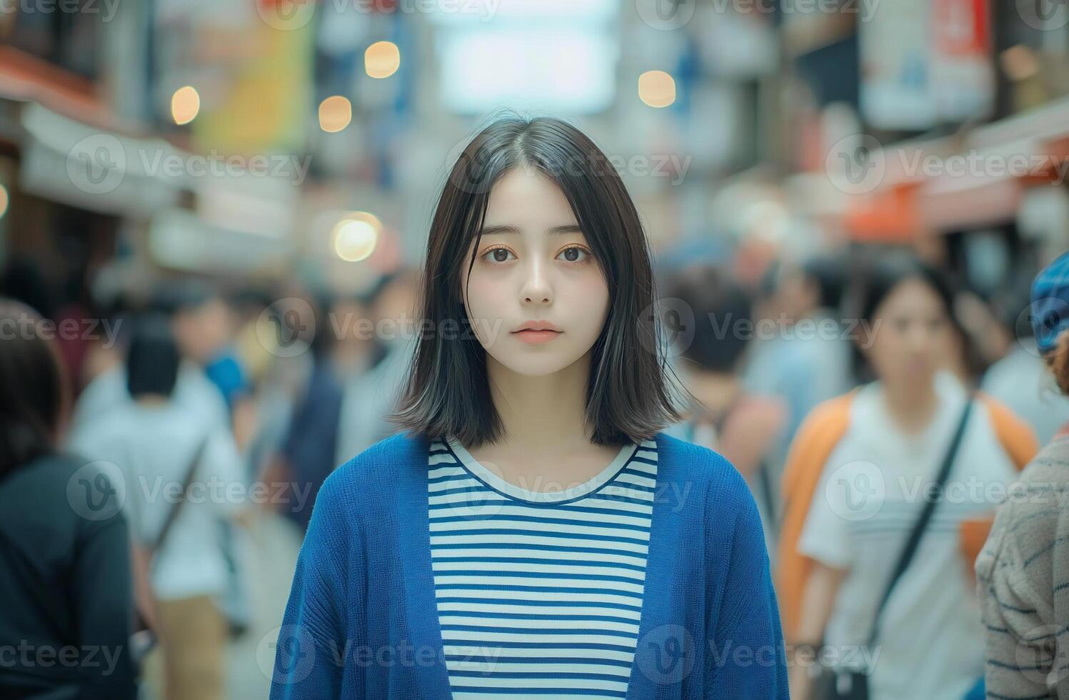 A woman standing in a crowded street photo