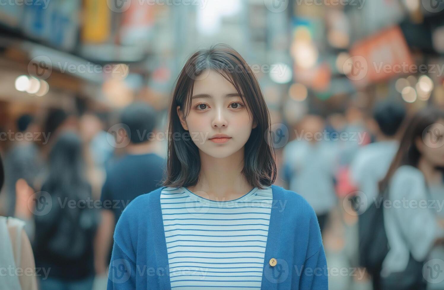 A woman standing in a crowded city street photo
