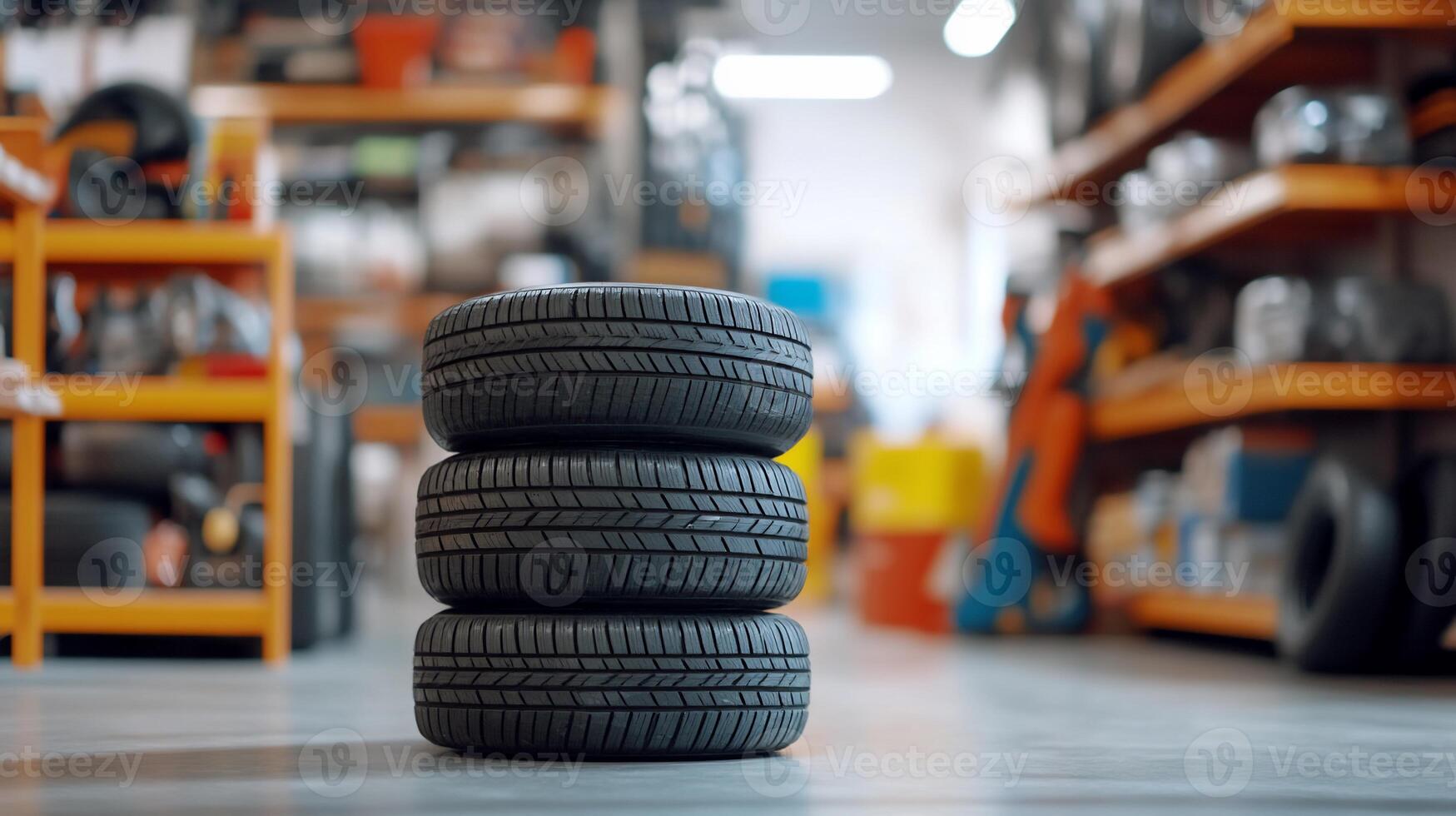 A stack of tires in a car repair shop photo