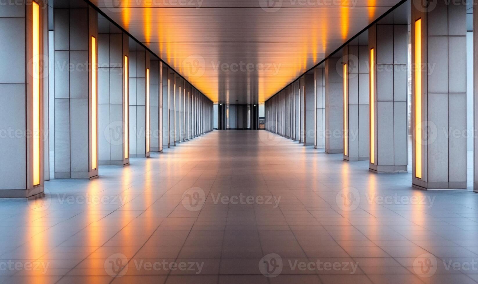 A long hallway with orange lights in the middle photo