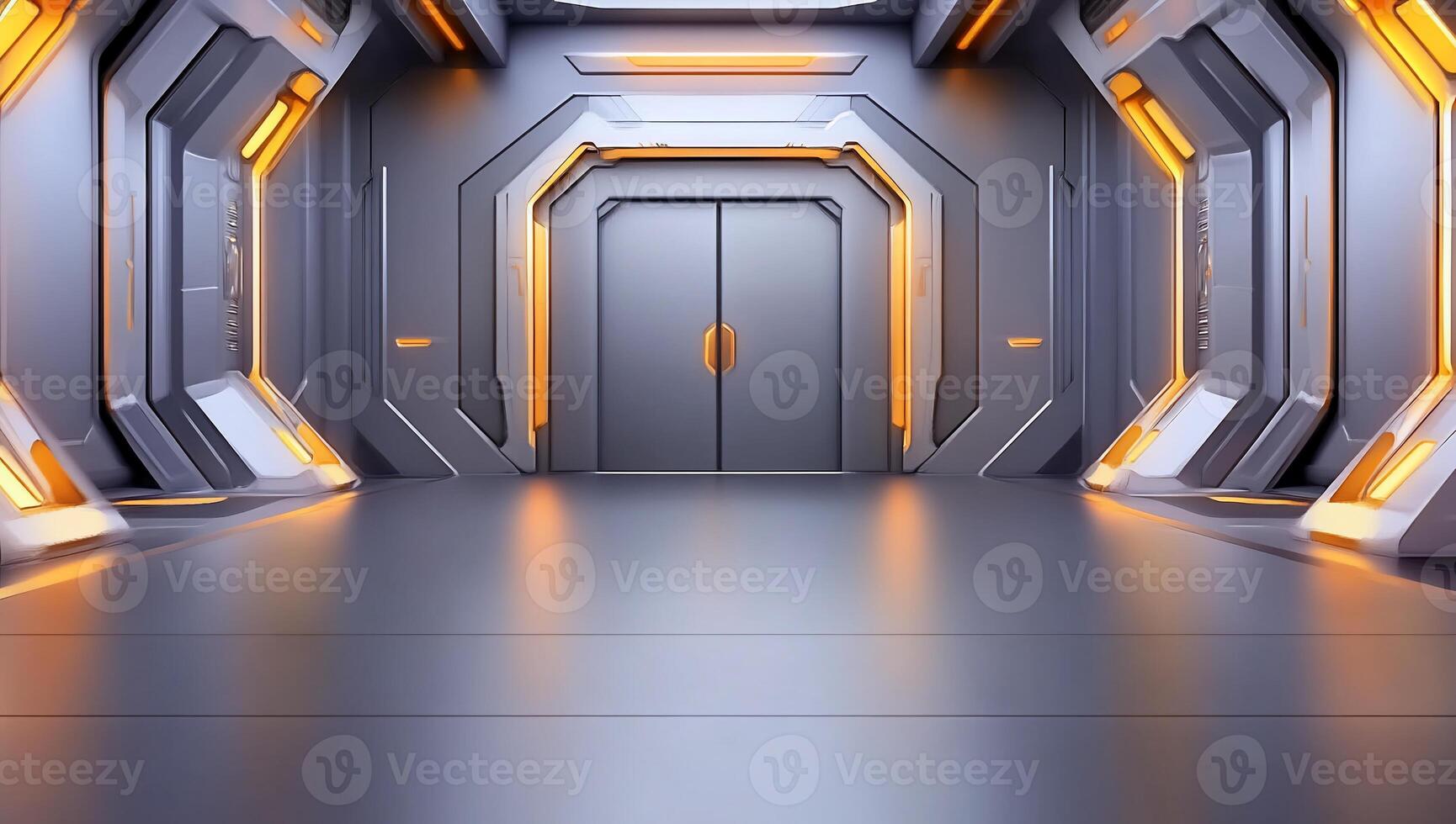Futuristic spaceship interior with orange lights photo