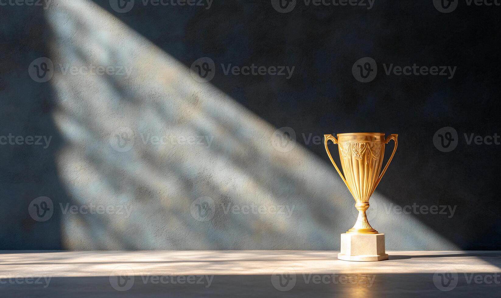 Gold trophy cup on a table in front of a wall photo