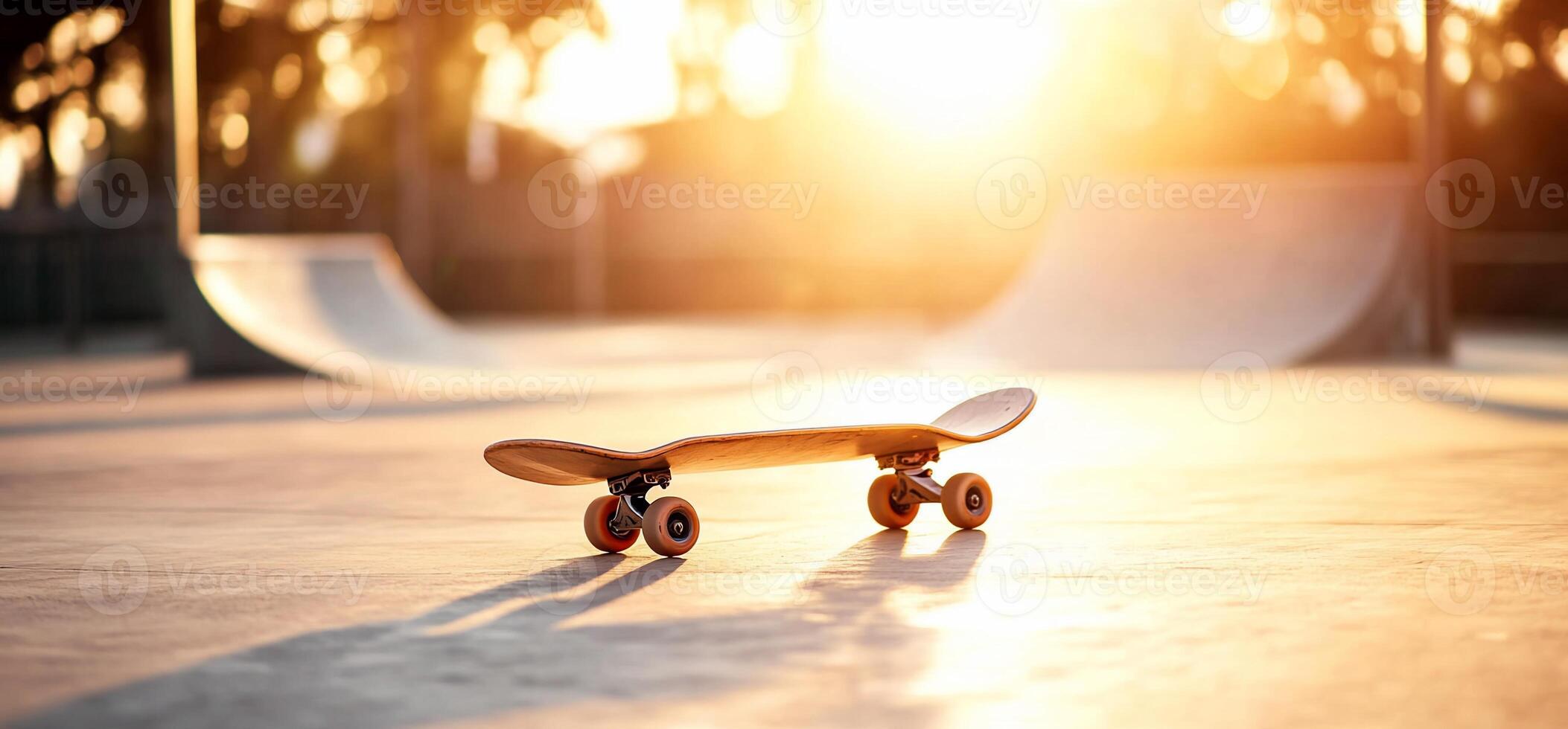 A skateboard is sitting on the ground in front of a skate park photo
