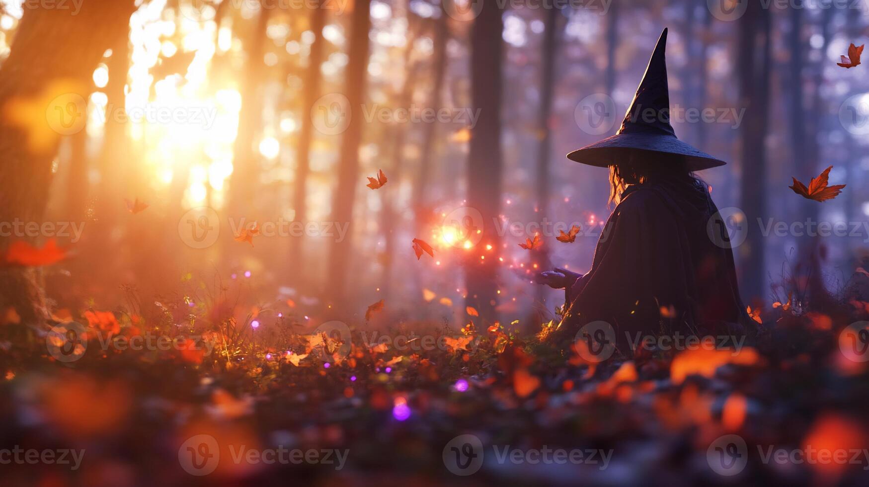 A witch in a forest with a wand and butterflies photo