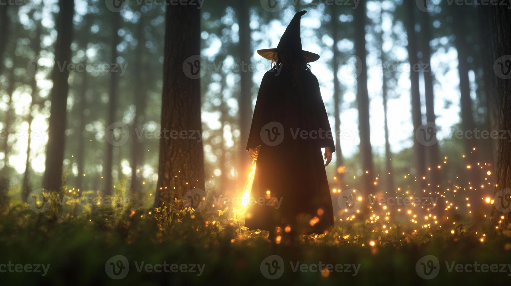 A witch is standing in the woods with fireflies photo