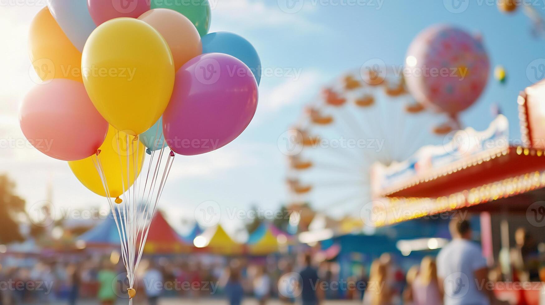 A group of people are standing in front of a carnival photo