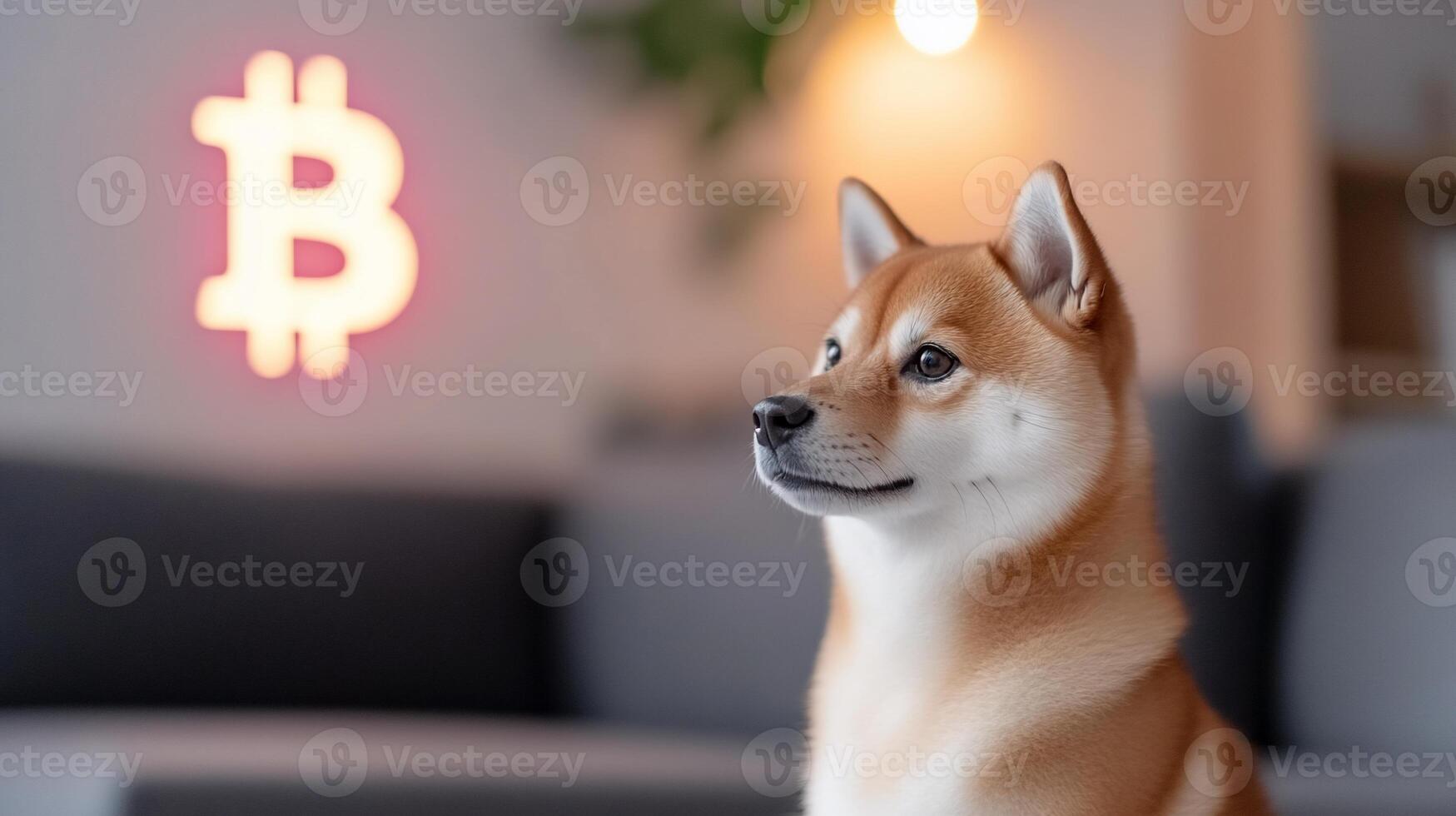 Shiba inu dog sitting on couch with bitcoin sign photo