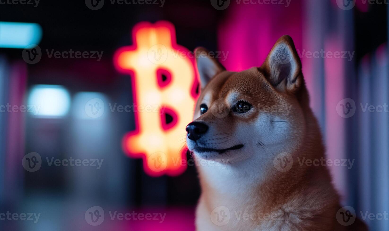 Shiba inu dog in front of bitcoin sign photo