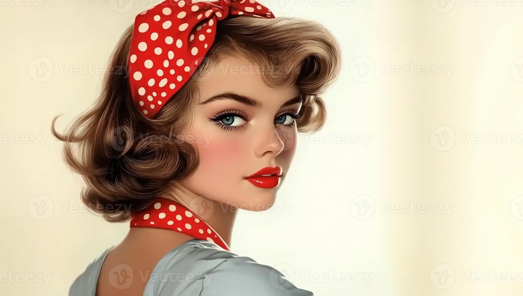 A woman with a polka dot headband and a polka dot dress photo