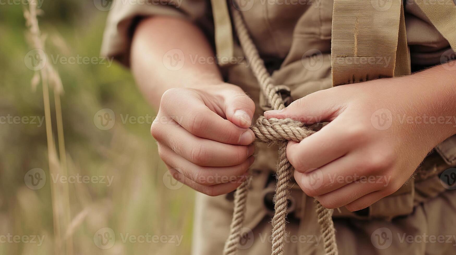 A person in a brown vest is tying a rope photo