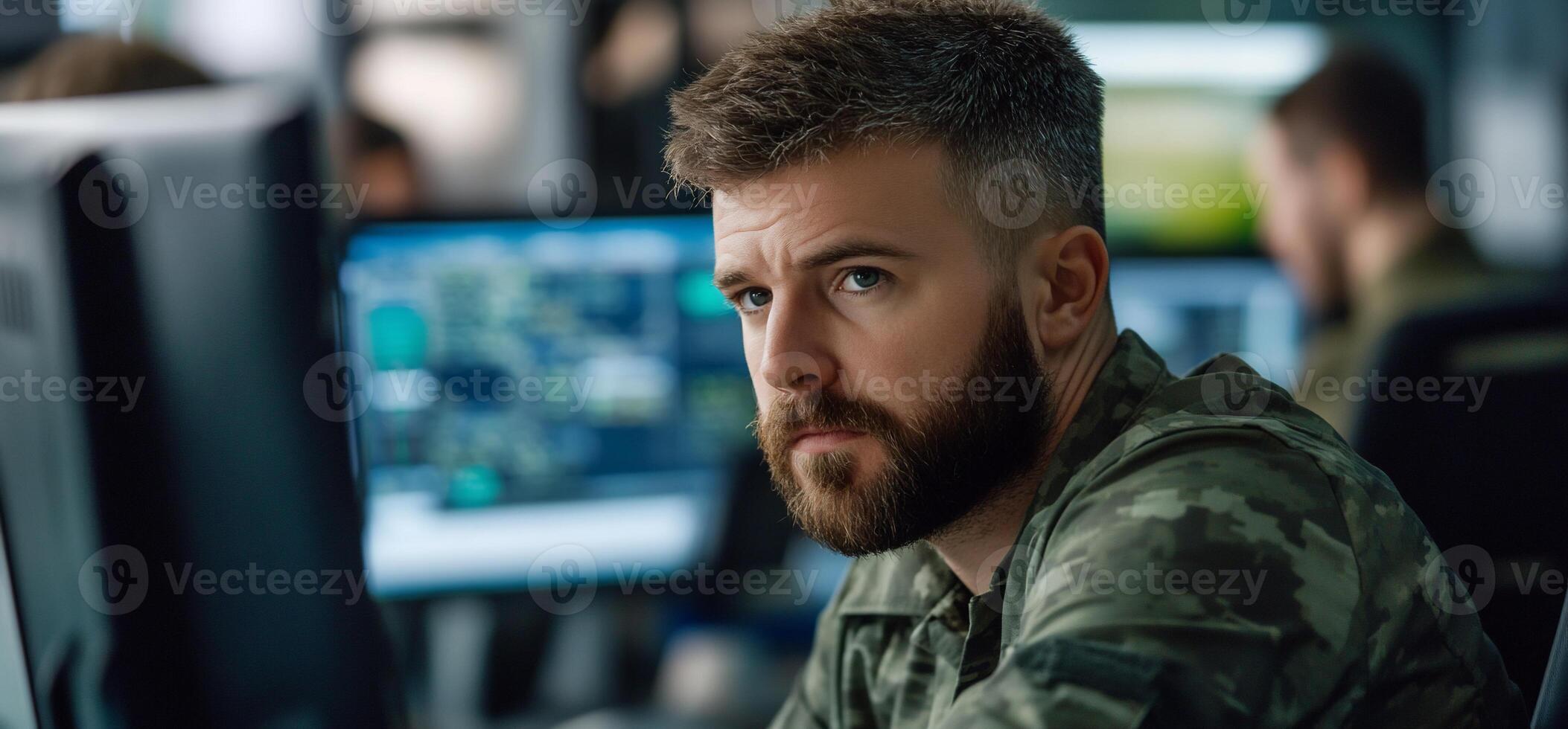 A man in camouflage is looking at a computer screen photo