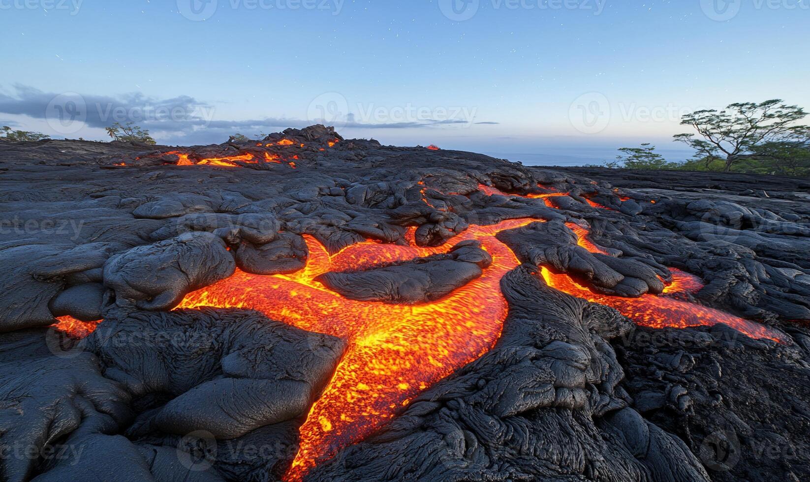Lava flows from the ground at sunset photo