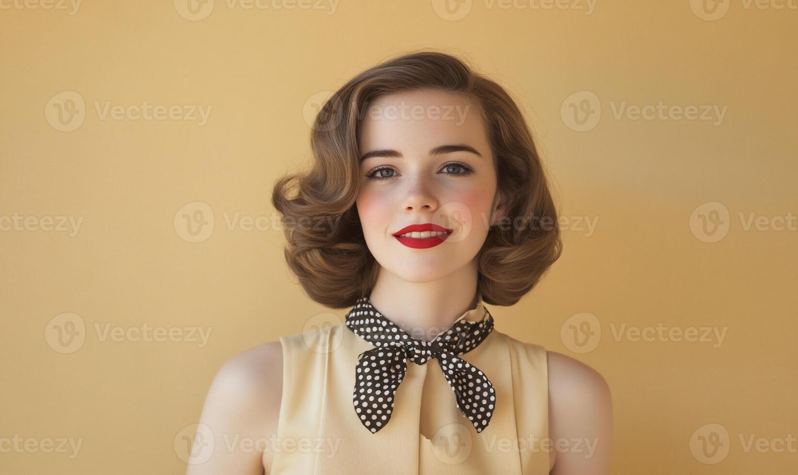 A woman wearing a polka dot necktie and a yellow dress photo