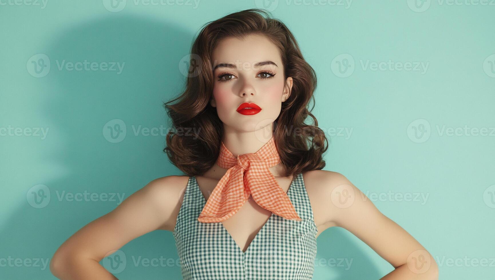 A woman in a checkered dress and red lipstick photo