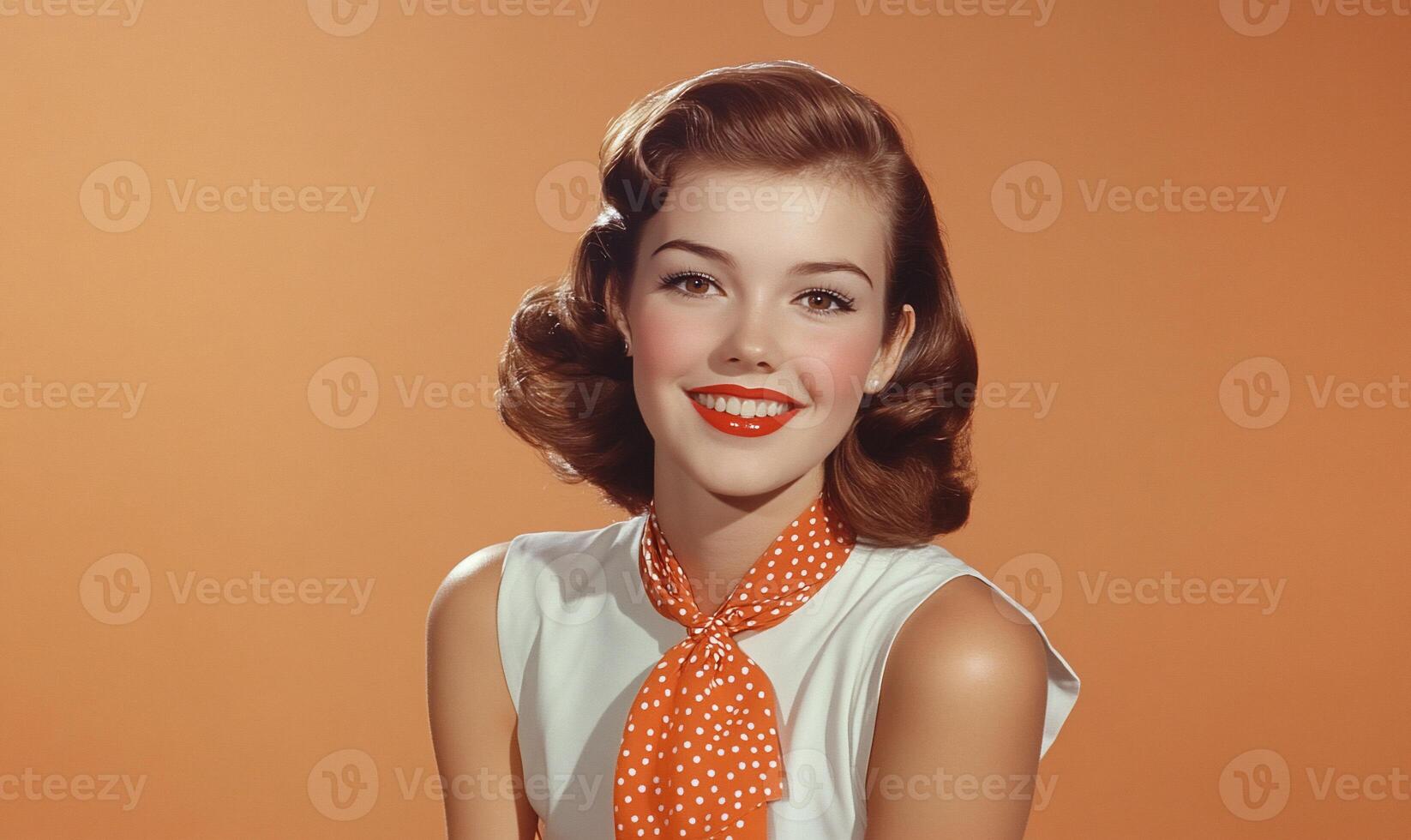 A woman in a polka dot dress and orange tie photo
