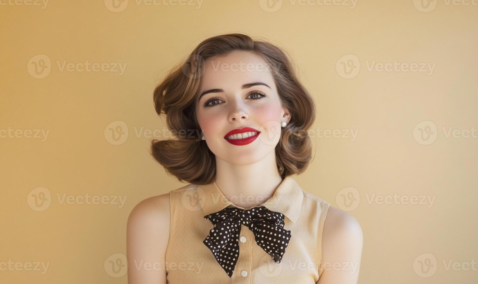 A woman wearing a polka dot dress and a bow tie photo