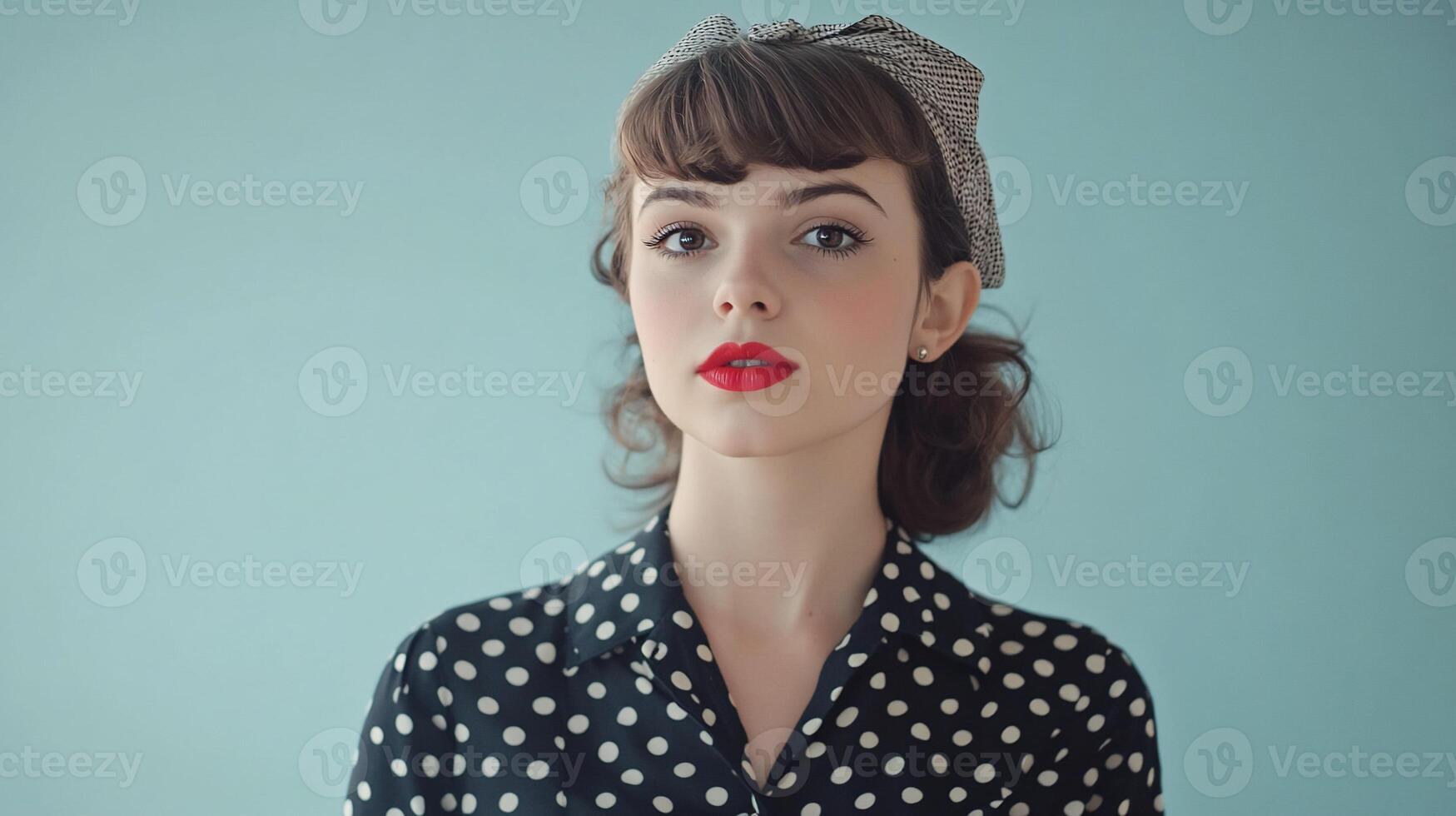 A woman with a polka dot shirt and red lipstick photo