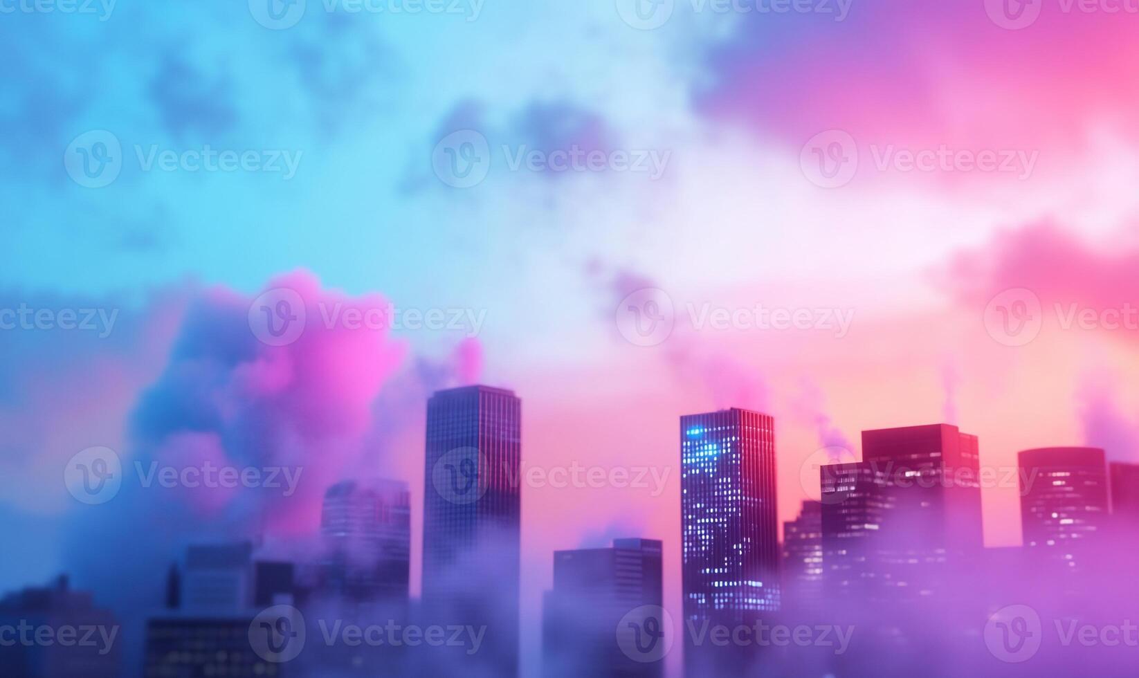 A city skyline with smoke coming out of the clouds photo