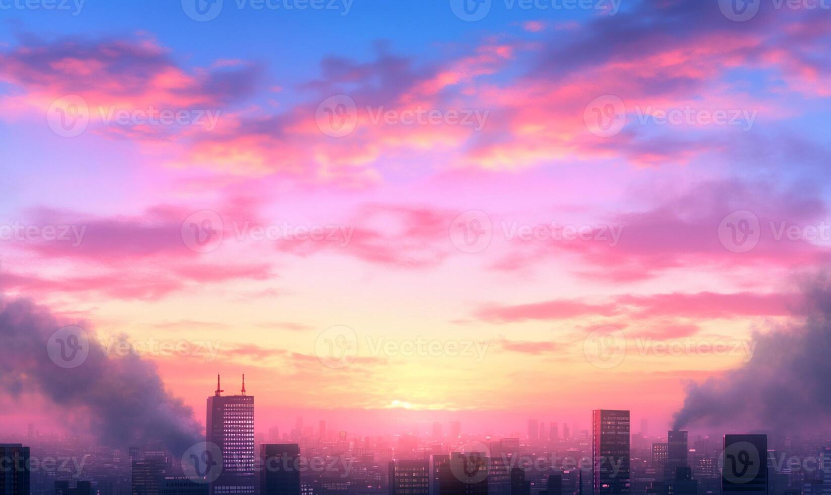 A cityscape with smoke coming out of the sky photo