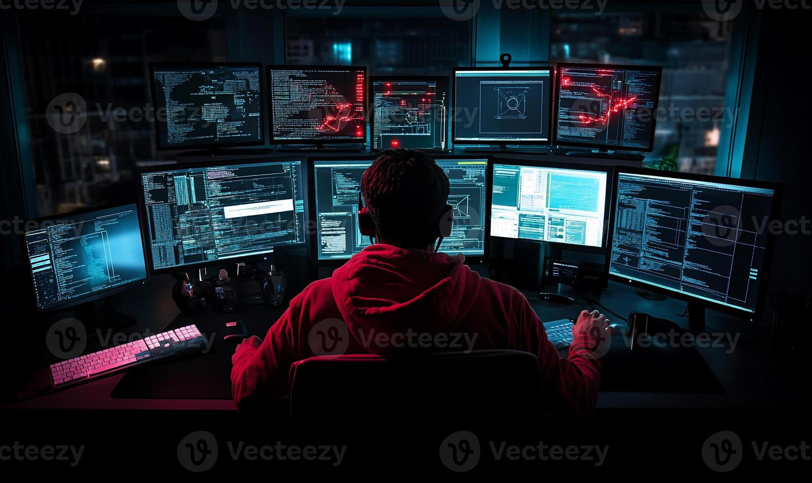 A person sitting at a desk with multiple computer screens photo