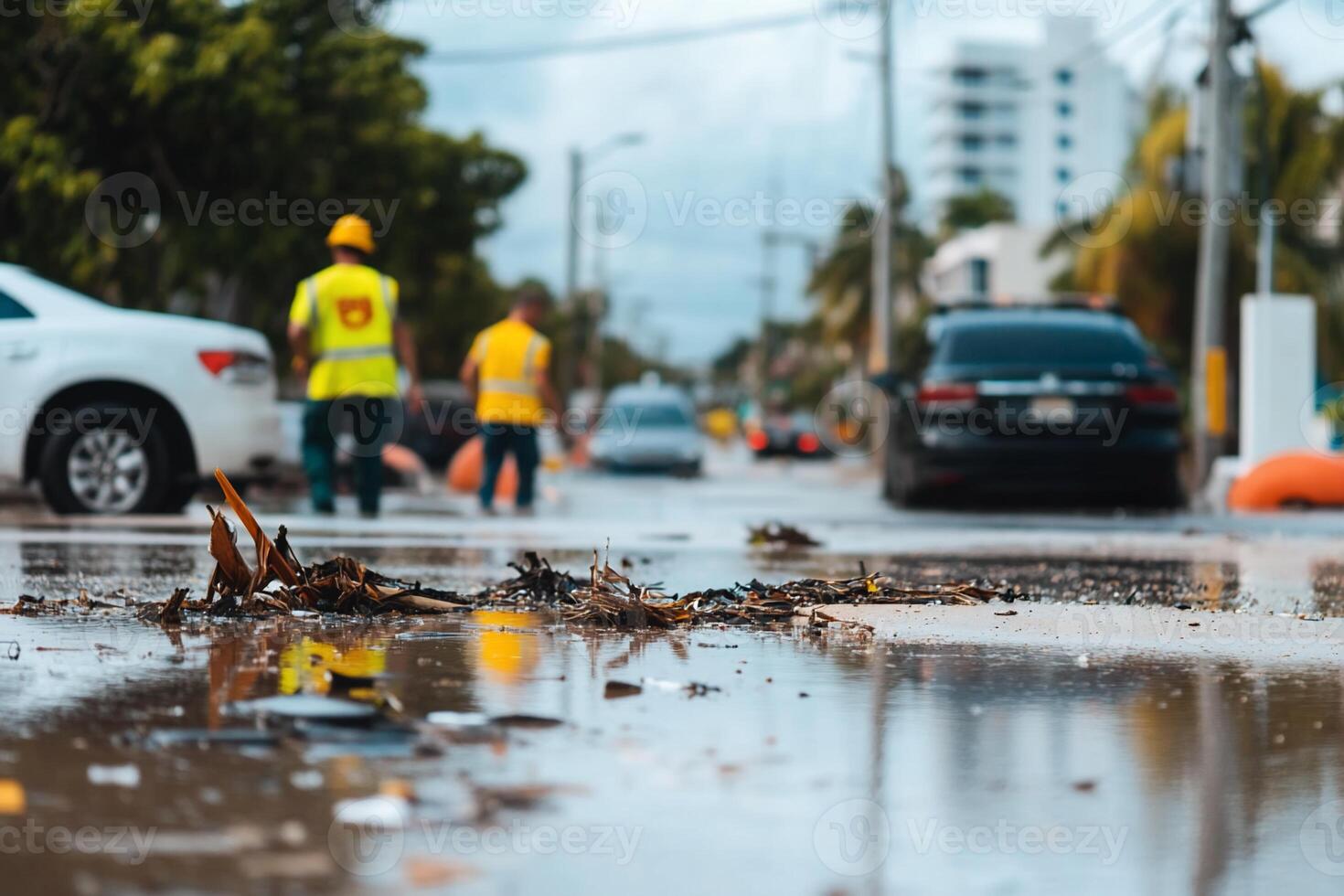 A man walking on a street with a puddle of water photo