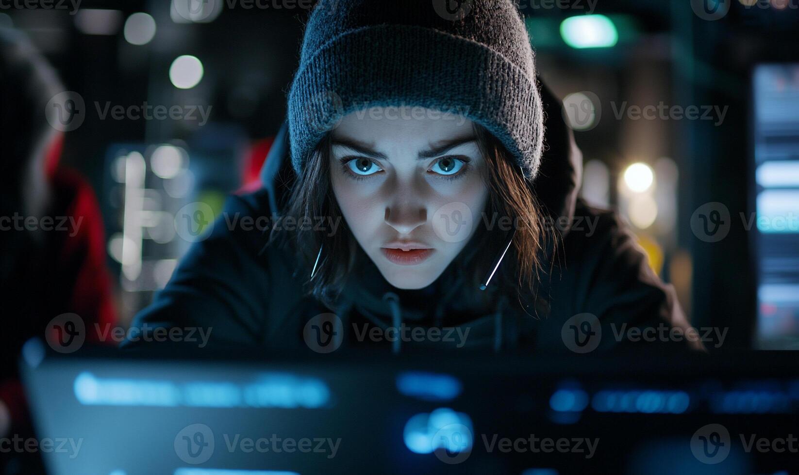 A woman in a hoodie and a hat looking at a laptop photo