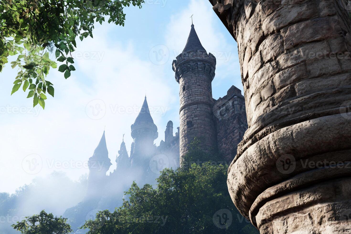 A castle with towers and a foggy background photo