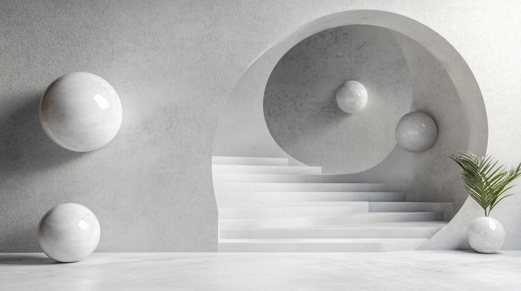 White room with a white staircase and a plant in the middle. The room is empty and has a minimalist feel photo