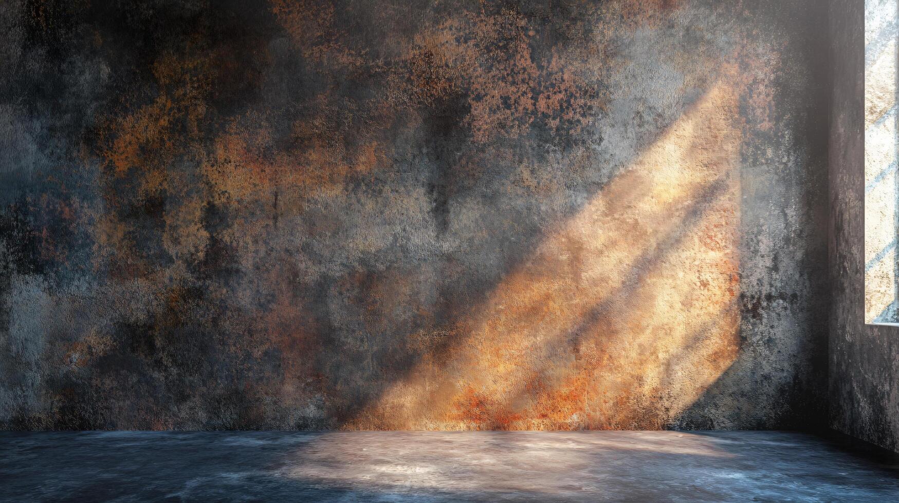 The room is a large, empty space with a wall covered in graffiti. The wall is made of concrete and has a window in the corner. The room is dimly lit photo
