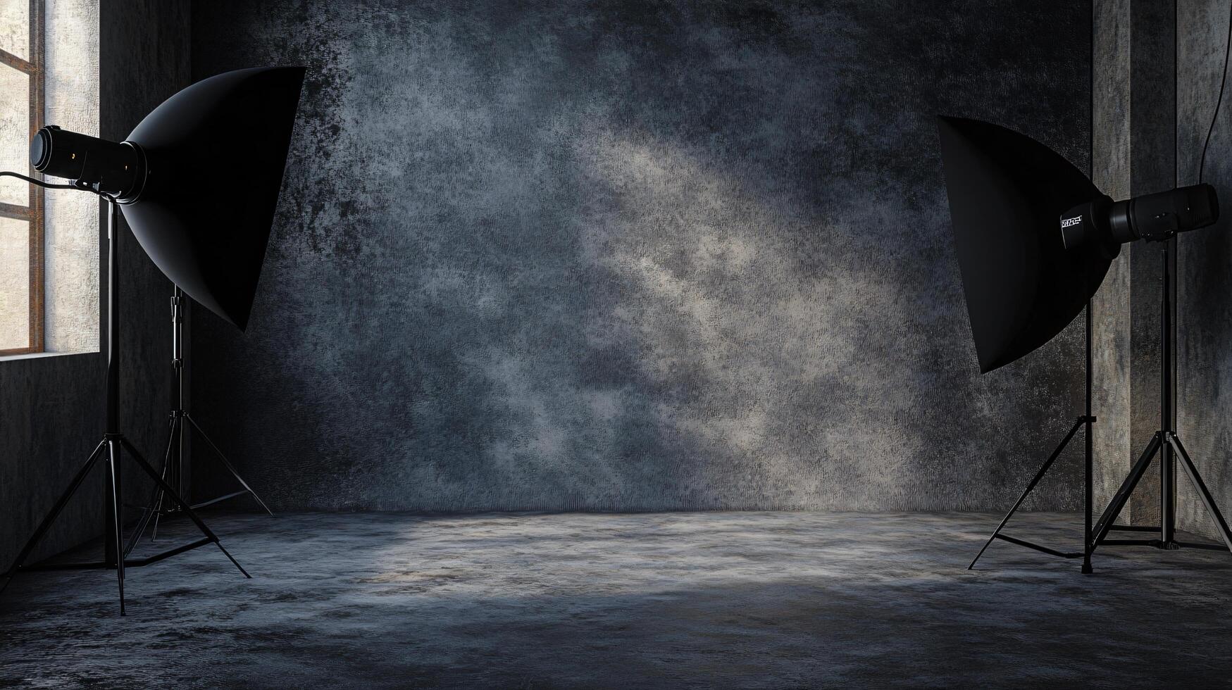Two black lighting equipment are set up in a room. The room is empty and has a dark, moody atmosphere photo