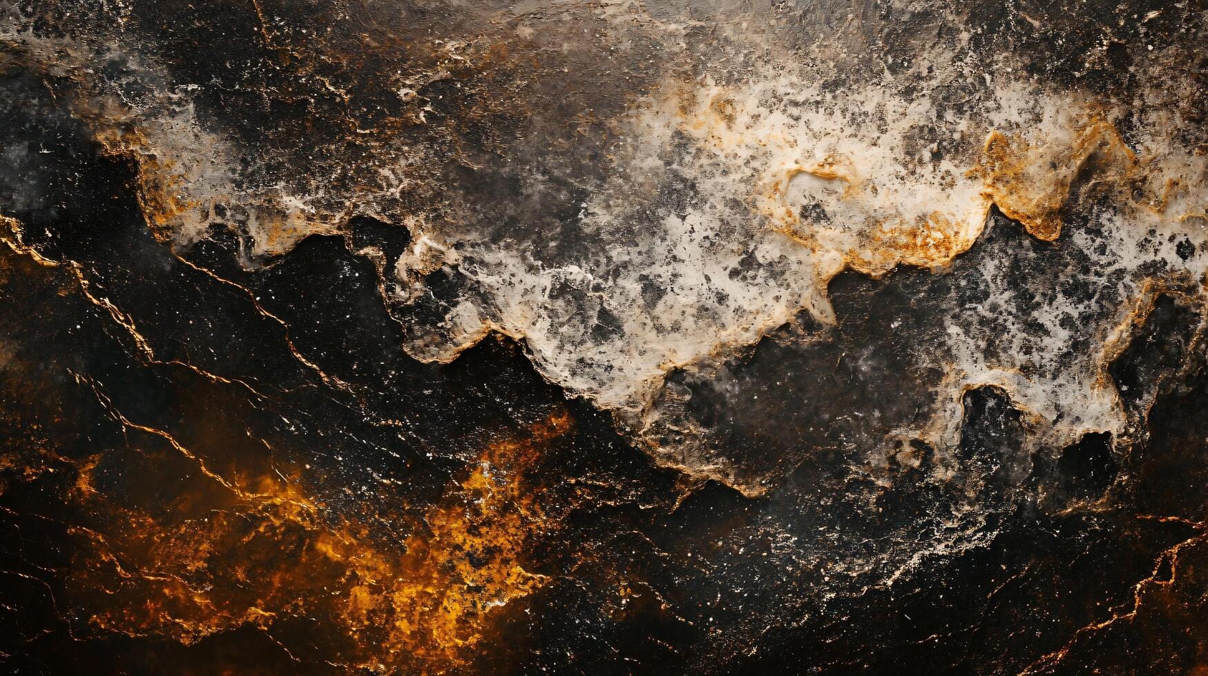 Black and gold painting of a mountain range with a dark sky. The painting has a mood of mystery and awe photo