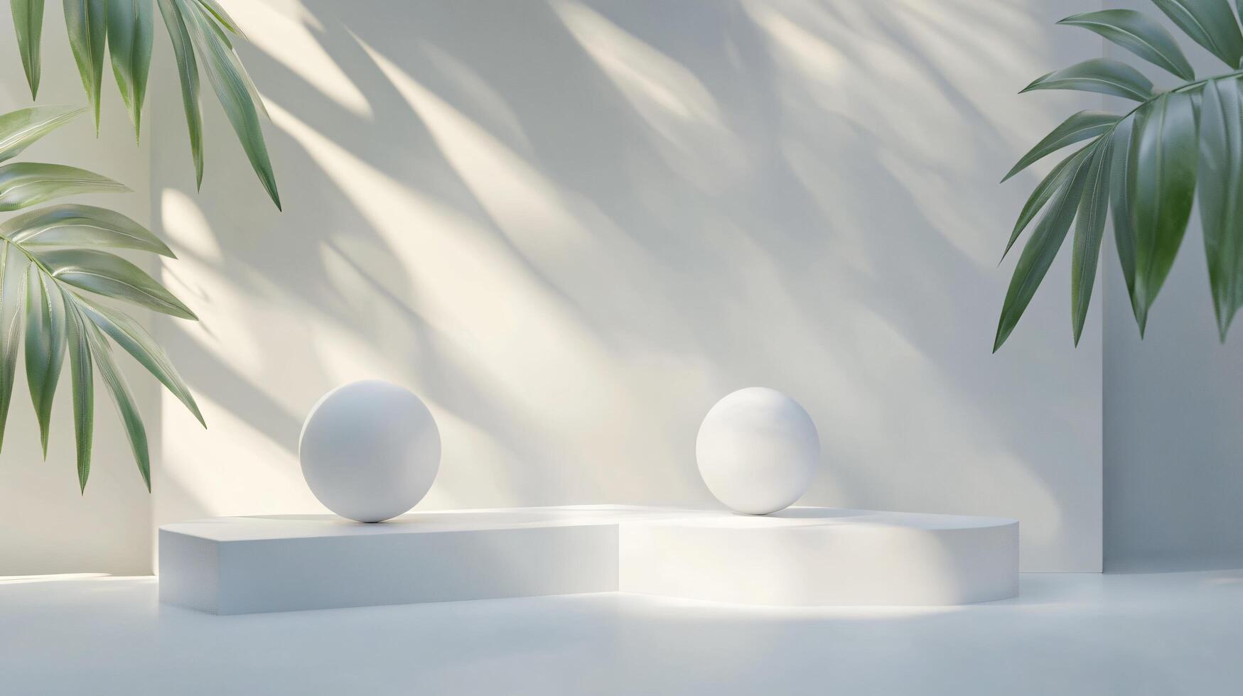 White pedestal with two white balls on it. The balls are placed on a white surface and are surrounded by a green leafy plant. The scene is set in a room with a white wall and a white floor photo