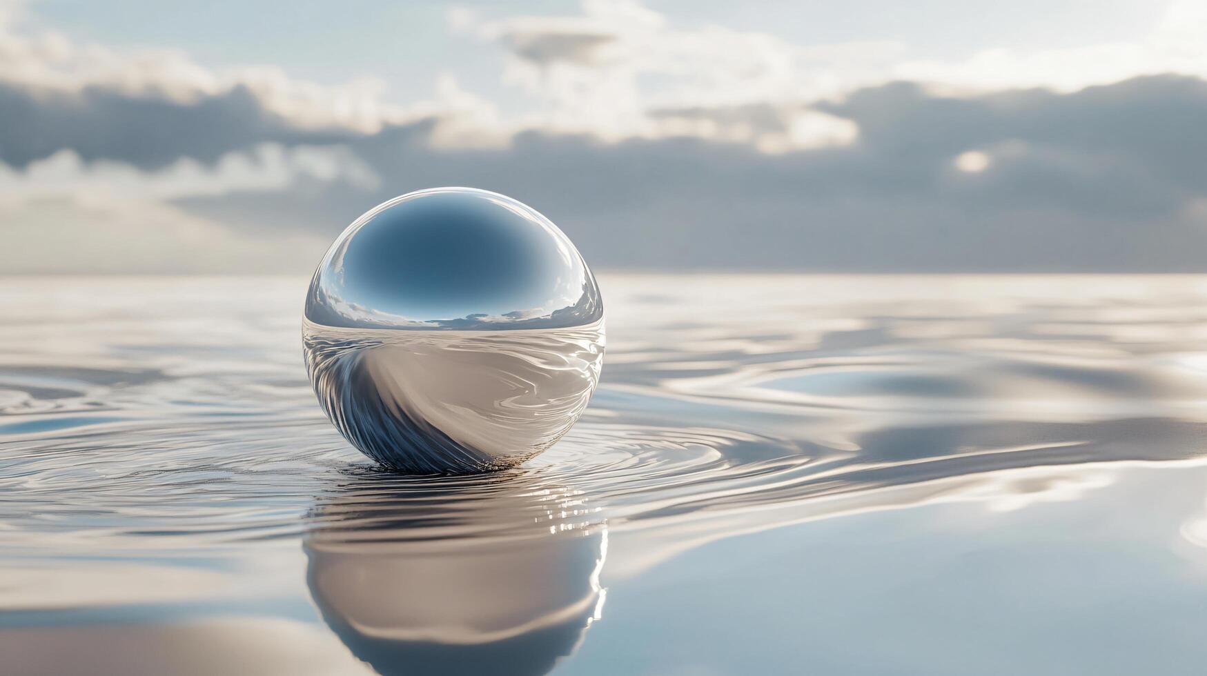Clear ball is floating in the water. The water is calm and the sky is cloudy. The scene is peaceful and serene photo