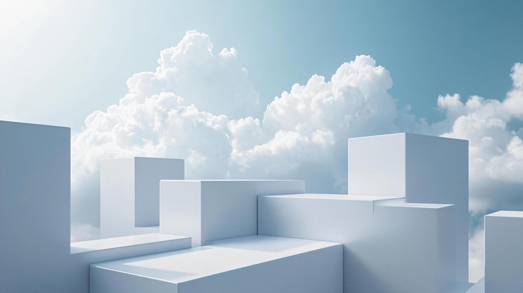 White cityscape with a cloudy sky and a few white buildings. Scene is somewhat somber and lonely, as the buildings are isolated and the sky is overcast photo