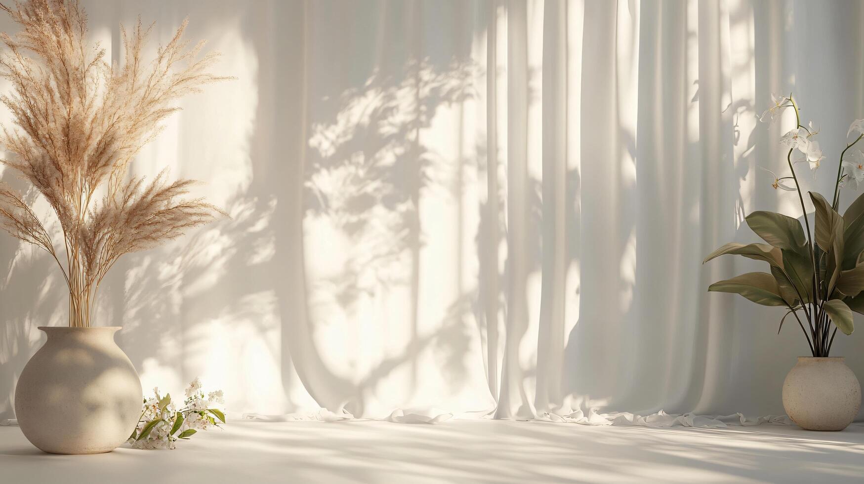 White room with two vases of flowers and a curtain. The room is very clean and simple, with a lot of white space photo