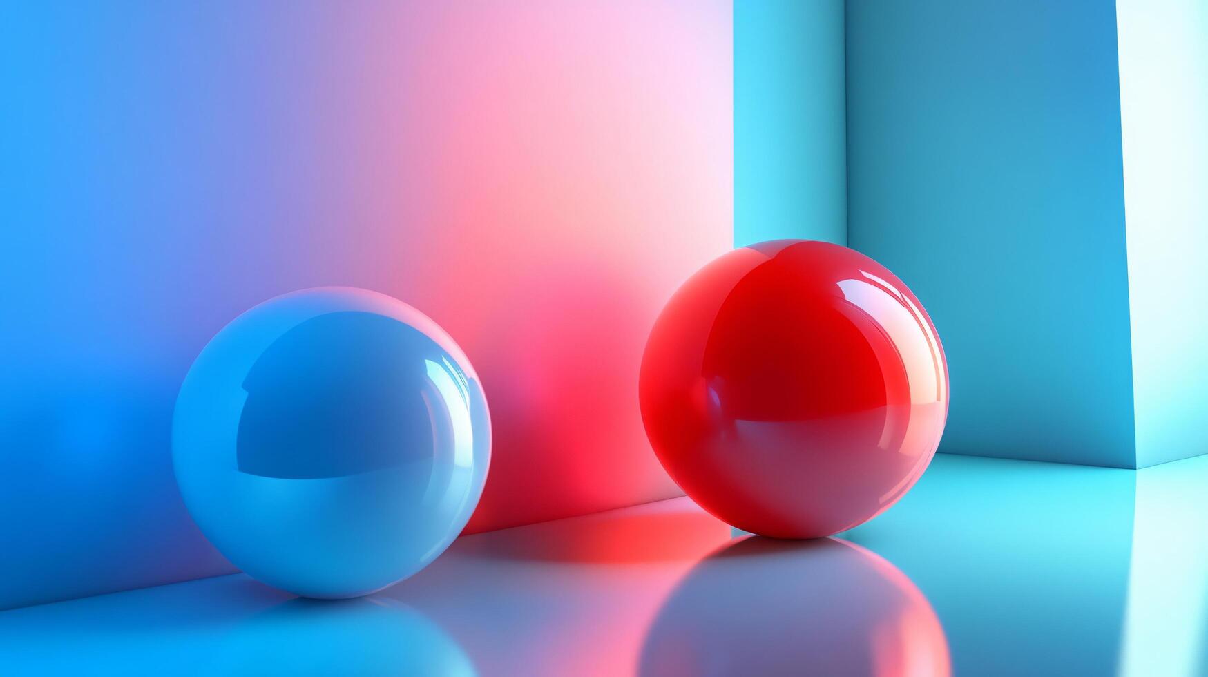Two spheres, one blue and one red, are placed in front of a blue wall. The blue sphere is larger than the red one, and they are both reflecting light. The scene has a calm and serene mood photo
