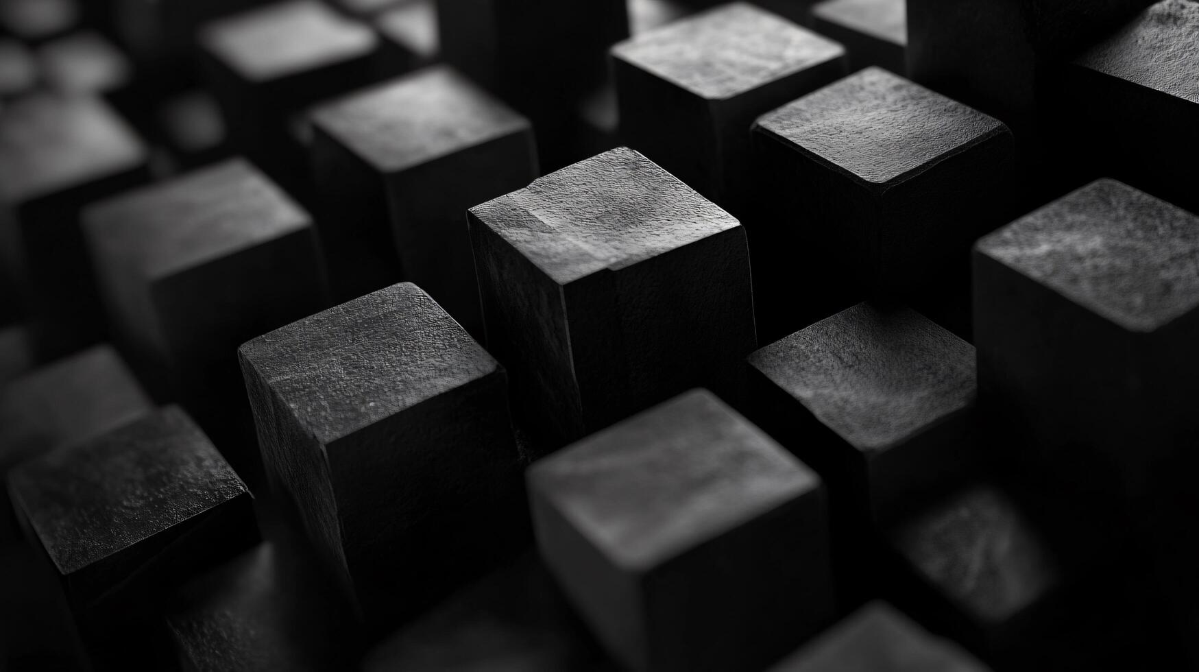Close up of black cubes arranged in a pattern. Concept of order and structure, with the black cubes forming a grid-like pattern. The monochromatic color scheme adds to the overall minimalist photo