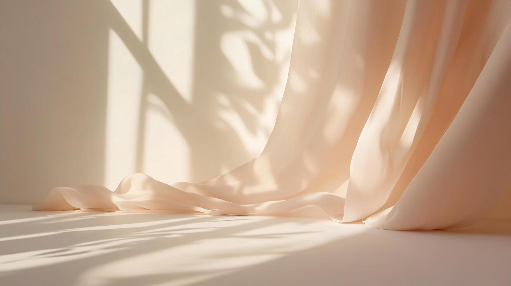 White curtain is hanging in a room with a window. The curtain is long and flowing, and the sunlight is shining on it, creating a warm and inviting atmosphere photo