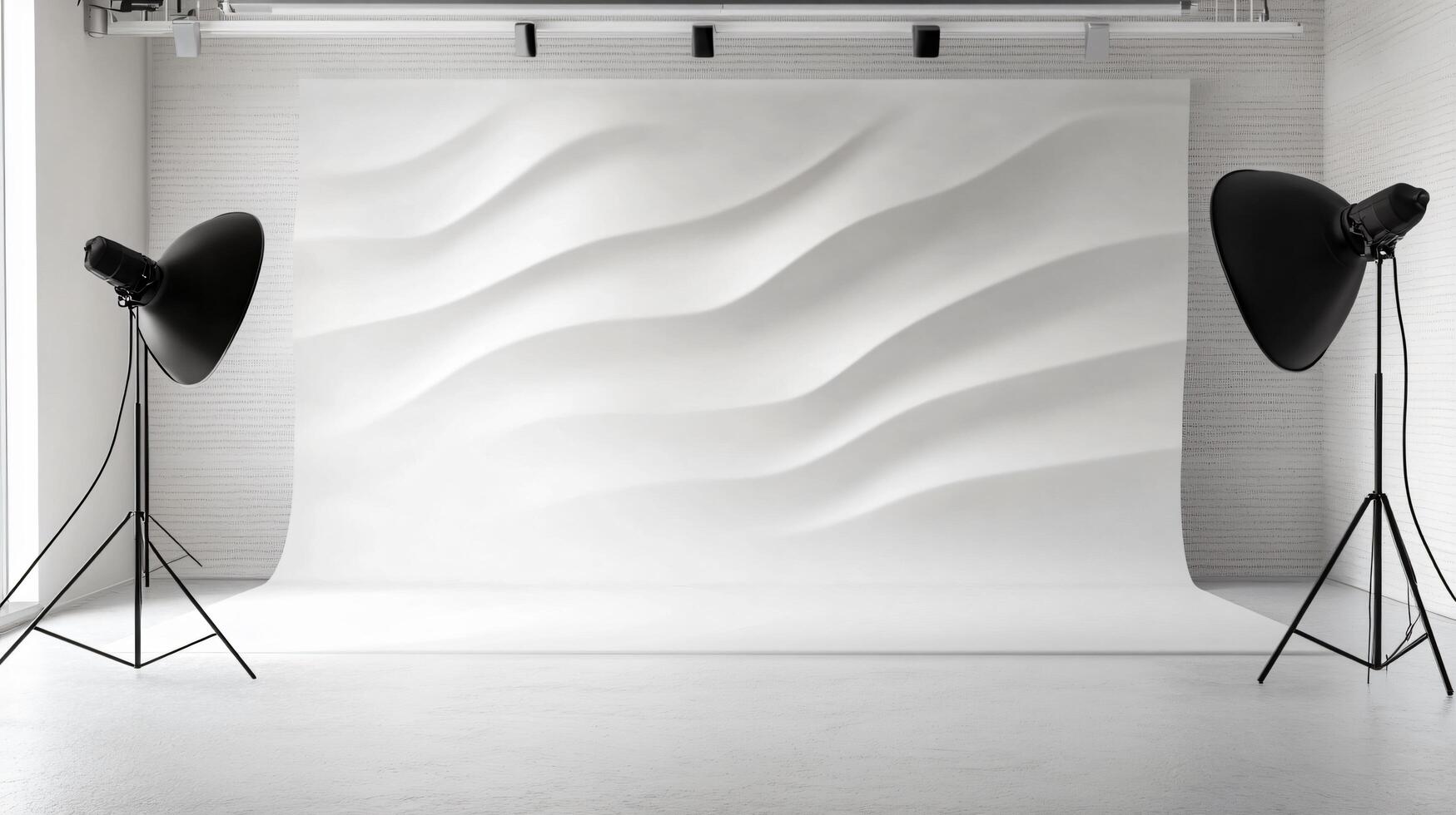 White wall with two black lights on either side of it. The wall is empty and the lights are turned on photo