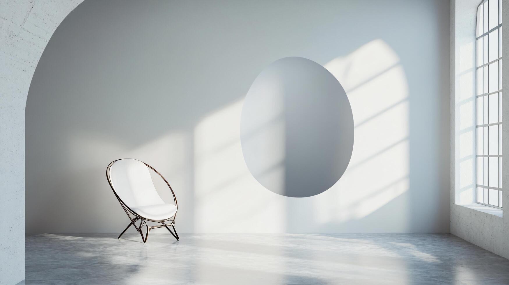 White chair sits in a room with a large window. The room is empty and has a minimalist feel photo