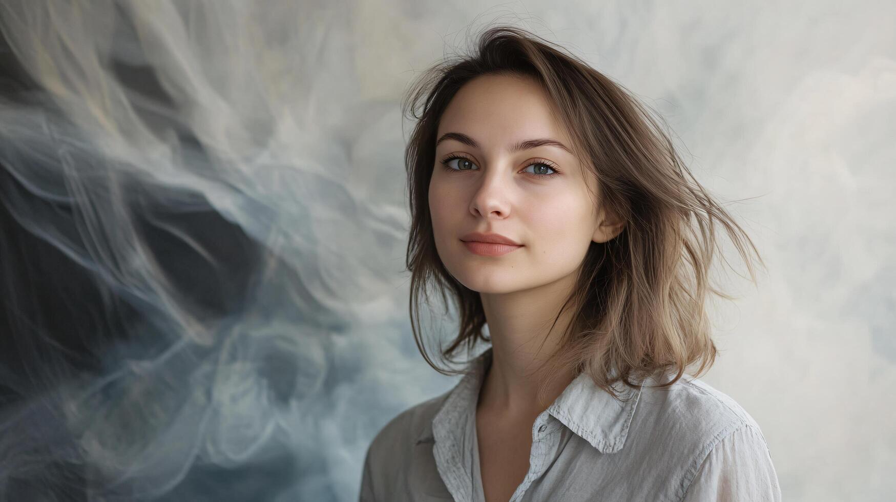Woman with short brown hair and a white shirt is standing in front of a wall with smoke photo