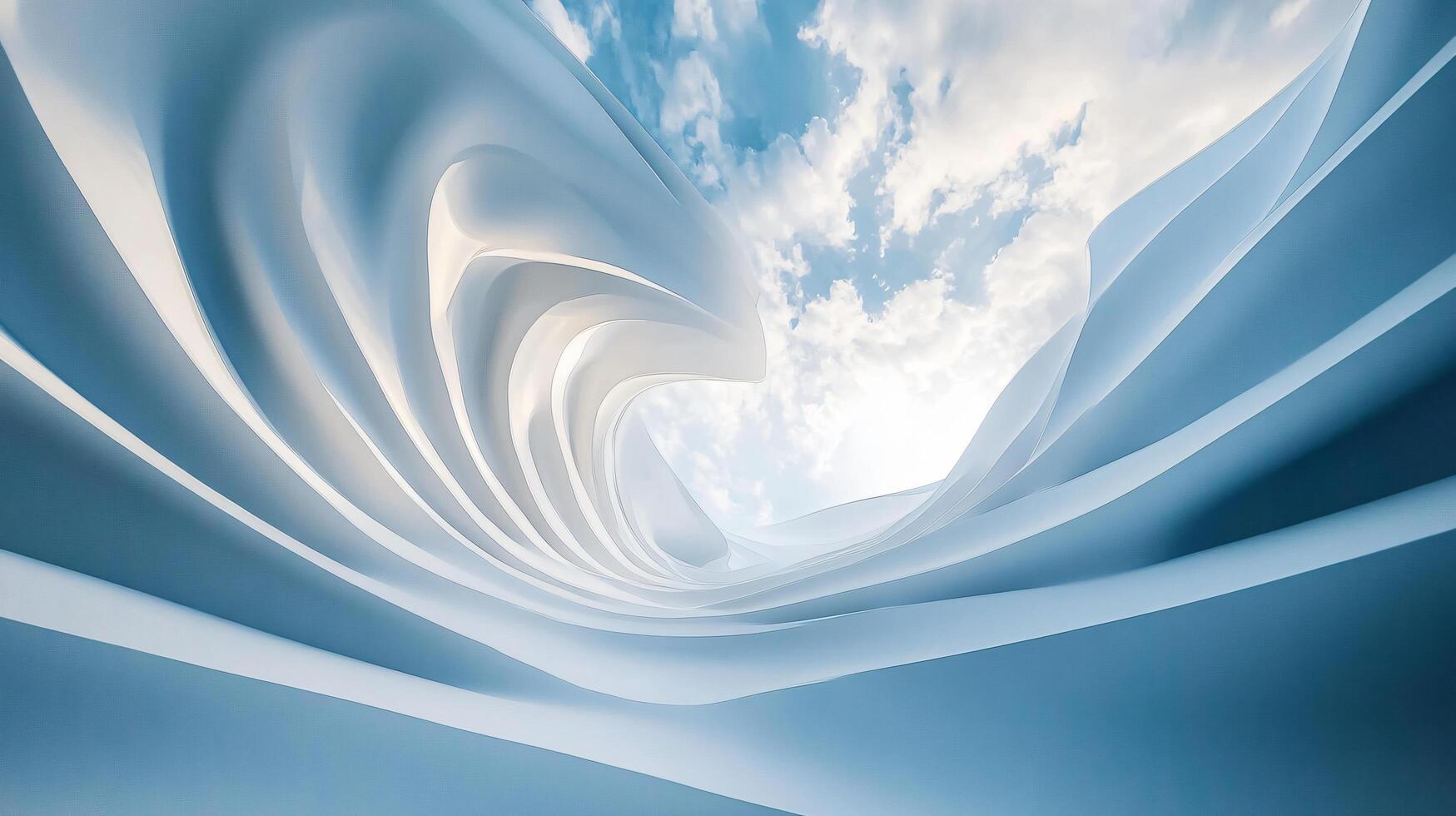 Blue and white image of a wave with a cloudy sky in the background. The image has a dreamy and ethereal quality to it, with the wave appearing to be made of paper or some other thin material photo