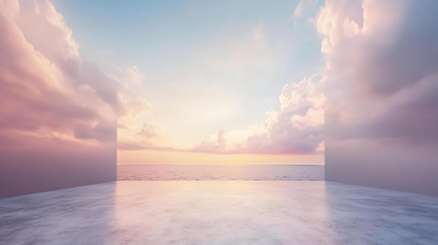 Beautiful view of the ocean with a cloudy sky. The sky is a mix of pink and blue colors photo