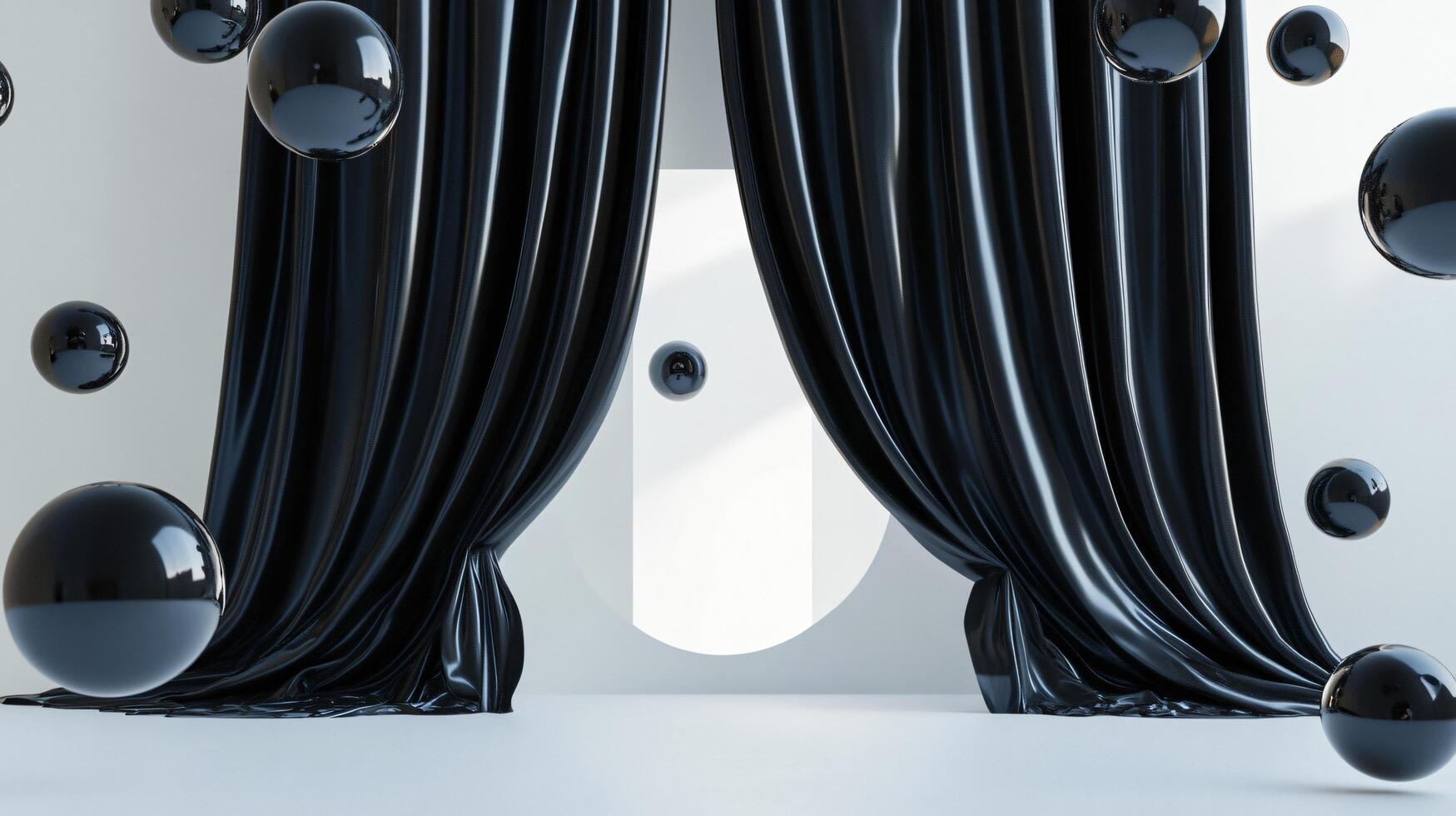 Room with black curtains and a white wall. The curtains are drawn open, revealing a white circle in the middle of the room. The room is filled with black and white spheres, creating a sense of depth photo
