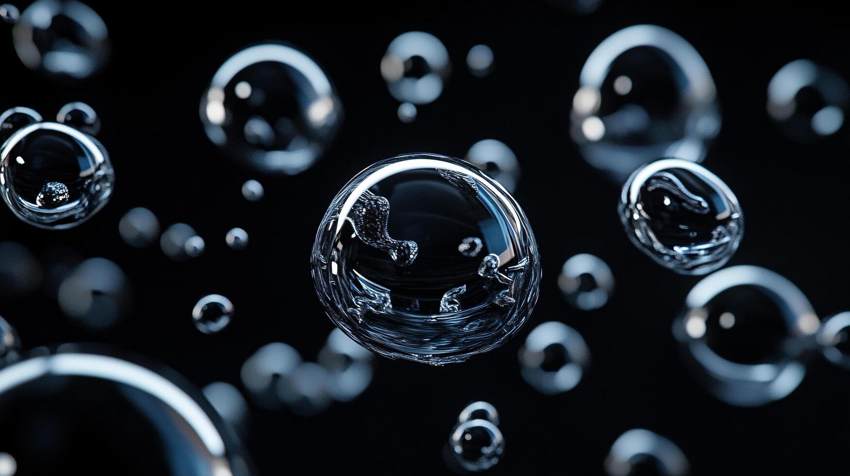Close up of many small bubbles of water. The bubbles are all different sizes and are scattered throughout the image. Scene is calm and peaceful, as the bubbles float gently in the air photo