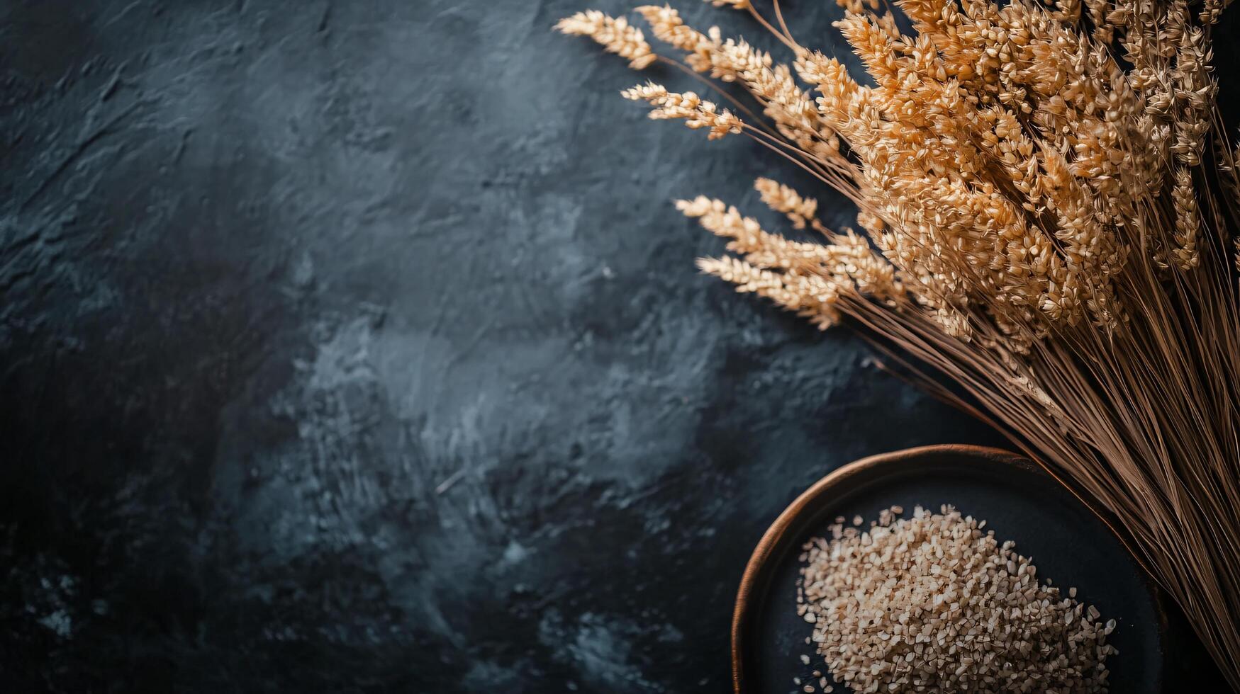 Bowl of rice is on a black background. The rice is in a bowl and is surrounded by a bunch of wheat photo